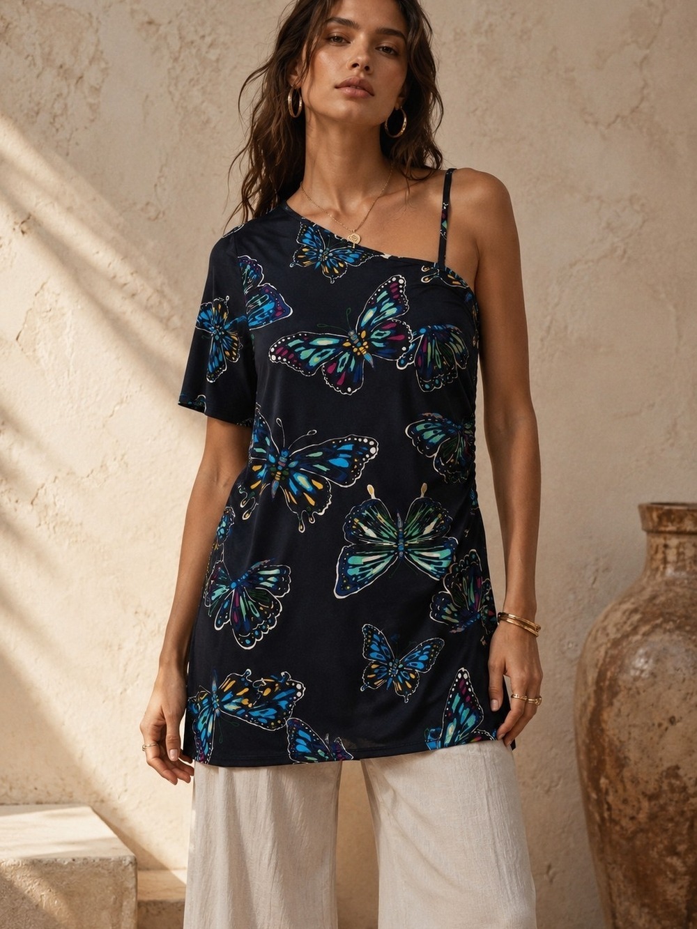 Papaya Butterfly Print One Shoulder Top Size L Navy Blue Y2K Eurovacation Summer